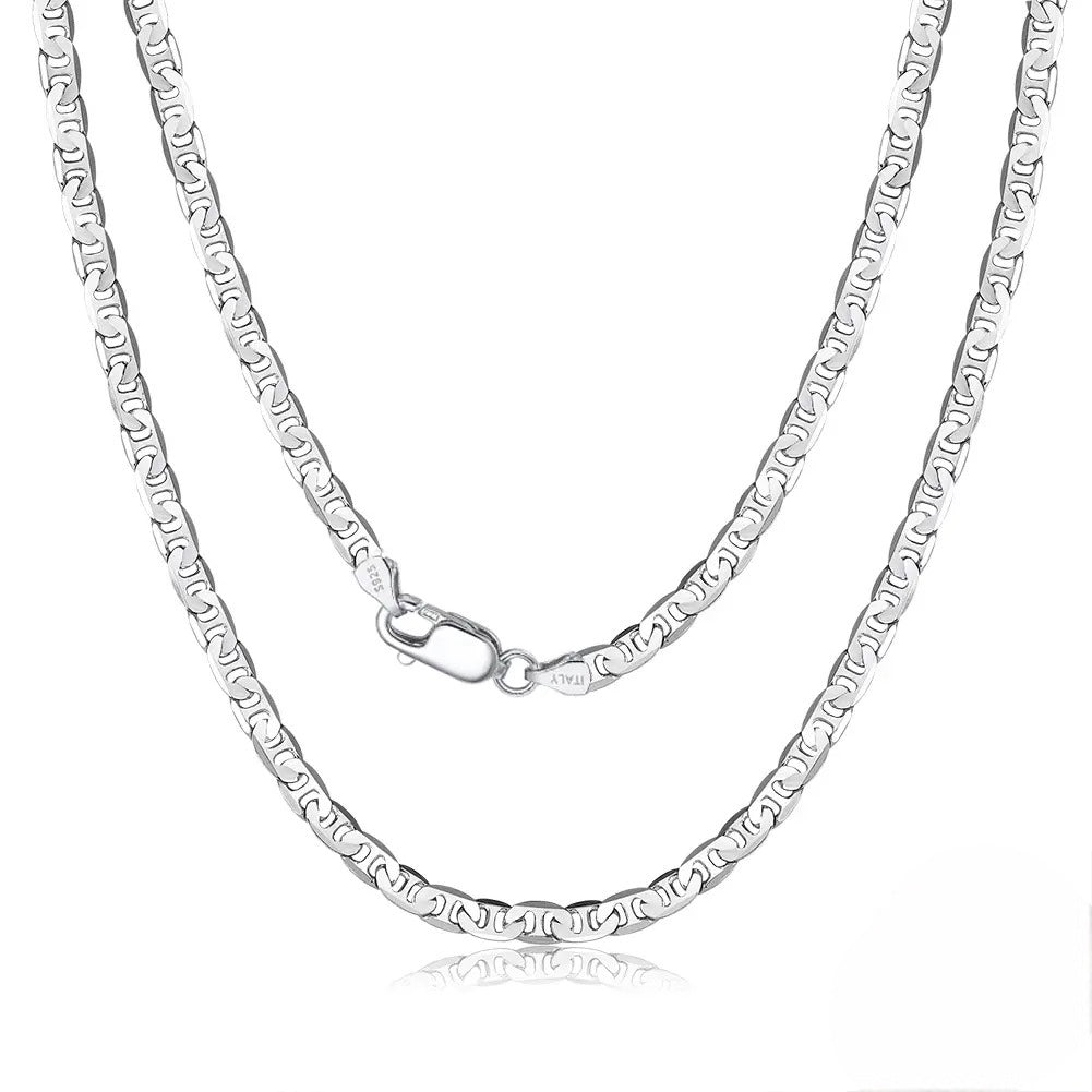 925 Sterling Silver 5mm Flat Link Mariner Chain for men, featuring a sleek and durable design perfect for everyday wear or layering with other necklaces.

